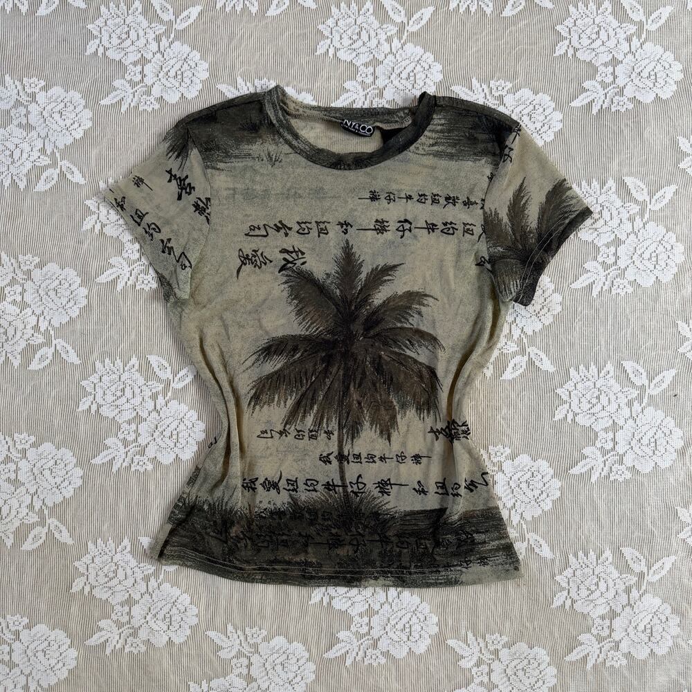 Vintage Y2K NY & Co Sheer Palm Tree Mesh Top Size XS